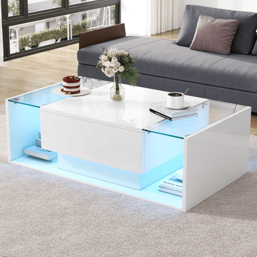 Mesa de centro 100x50x31 cm - Mesa de café com 1 gaveta e luz LED - Branca