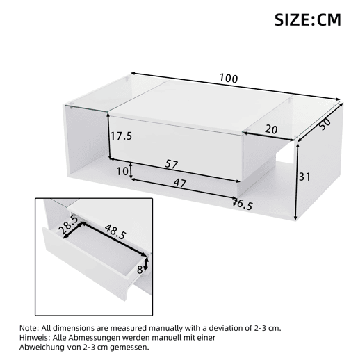 Mesa de centro 100x50x31 cm - Mesa de café com 1 gaveta e luz LED - Branca