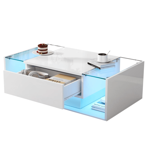 Mesa de centro 100x50x31 cm - Mesa de café com 1 gaveta e luz LED - Branca