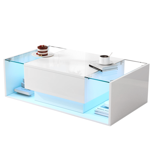 Mesa de centro 100x50x31 cm - Mesa de café com 1 gaveta e luz LED - Branca