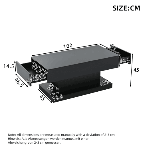 Mesa de centro 100x50x45 cm - 2 gavetas, mesa de café com luz LED - Cor preta