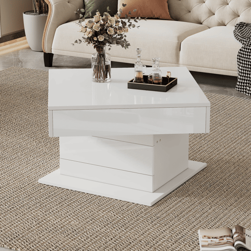Mesa de centro 70x70x45 cm - Mesa giratória 360°, com 1 gaveta, alto brilho, com arrumação - Branco