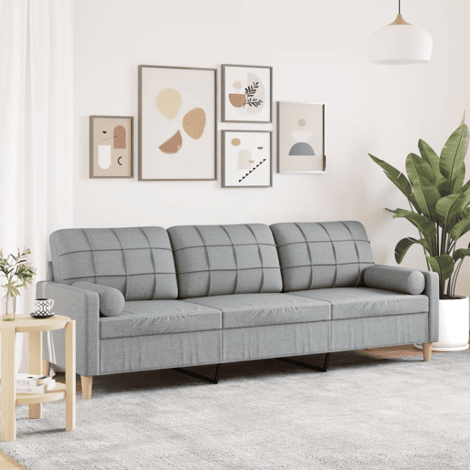 Sofá 3 lug. c almofadas decorativas 210 cm tecido cinza-claro