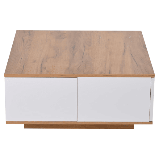 Mesa de centro 70x70x31,5 cm - Com 3 gavetas, design geométrico, alto brilho - Branco + Madeira original