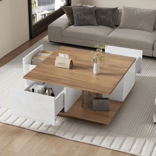 Mesa de centro 70x70x31,5 cm - Com 3 gavetas, design geométrico, alto brilho - Branco + Madeira original