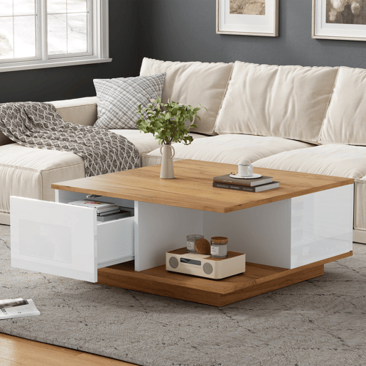 Mesa de centro 70x70x31,5 cm - Com 3 gavetas, design geométrico, alto brilho - Branco + Madeira original