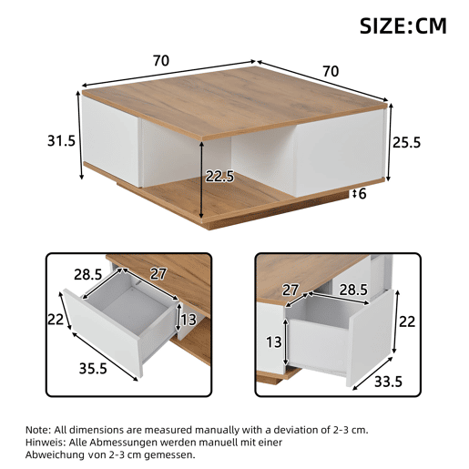 Mesa de centro 70x70x31,5 cm - Com 3 gavetas, design geométrico, alto brilho - Branco + Madeira original