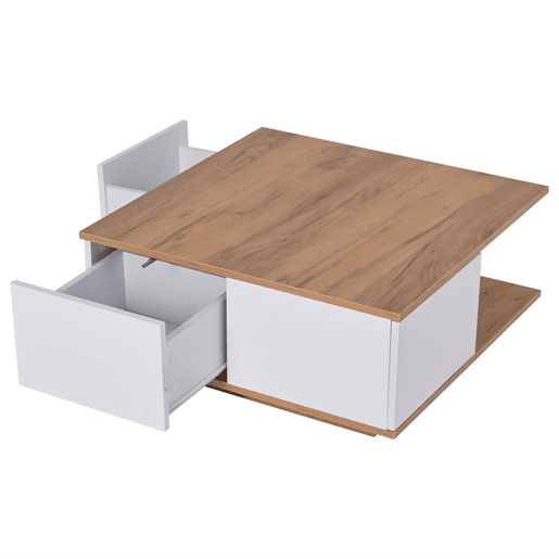 Mesa de centro 70x70x31,5 cm - Com 3 gavetas, design geométrico, alto brilho - Branco + Madeira original