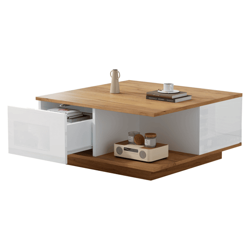 Mesa de centro 70x70x31,5 cm - Com 3 gavetas, design geométrico, alto brilho - Branco + Madeira original