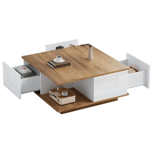 Mesa de centro 70x70x31,5 cm - Com 3 gavetas, design geométrico, alto brilho - Branco + Madeira original