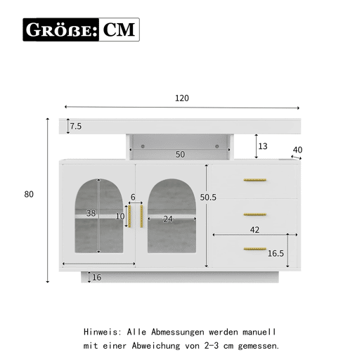 Aparador LED 120 cm - Buffet com 16 cores de luz, armário com gavetas, branco