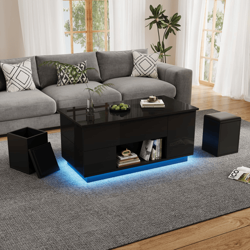 Mesa de centro 100x50x45 cm - 4 em 1 LED, altura ajustável, 2 gavetas, sofá e bancos - Preto
