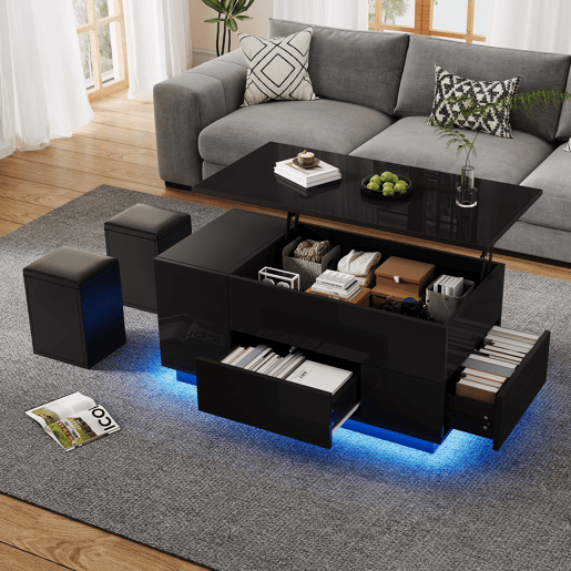 Mesa de centro 100x50x45 cm - 4 em 1 LED, altura ajustável, 2 gavetas, sofá e bancos - Preto