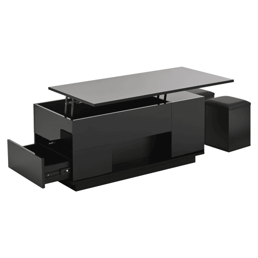 Mesa de centro 100x50x45 cm - 4 em 1 LED, altura ajustável, 2 gavetas, sofá e bancos - Preto