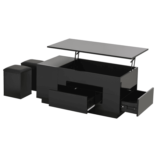 Mesa de centro 100x50x45 cm - 4 em 1 LED, altura ajustável, 2 gavetas, sofá e bancos - Preto