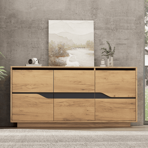 Cômoda 140x40x70 cm - Com 3 portas, divisórias ajustáveis, design sem puxadores, cor madeira + preto