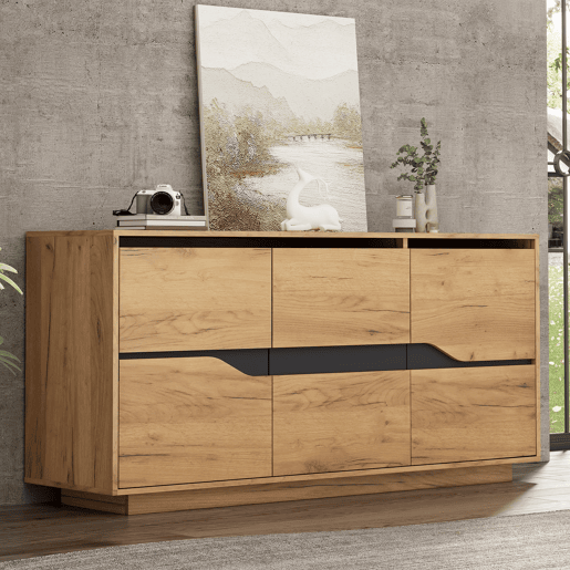 Cômoda 140x40x70 cm - Com 3 portas, divisórias ajustáveis, design sem puxadores, cor madeira + preto
