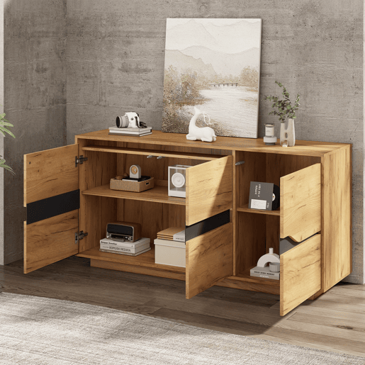 Cômoda 140x40x70 cm - Com 3 portas, divisórias ajustáveis, design sem puxadores, cor madeira + preto