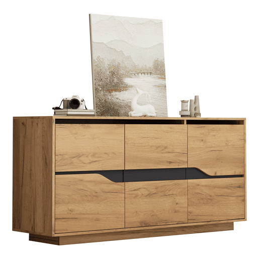 Cômoda 140x40x70 cm - Com 3 portas, divisórias ajustáveis, design sem puxadores, cor madeira + preto