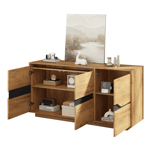 Cômoda 140x40x70 cm - Com 3 portas, divisórias ajustáveis, design sem puxadores, cor madeira + preto