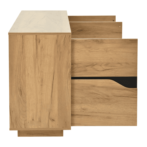 Cômoda 140x40x70 cm - Com 3 portas, divisórias ajustáveis, design sem puxadores, cor madeira + preto