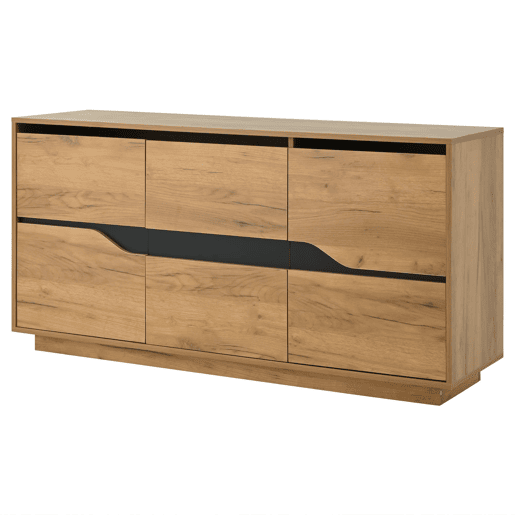 Cômoda 140x40x70 cm - Com 3 portas, divisórias ajustáveis, design sem puxadores, cor madeira + preto