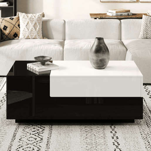 Mesa de centro 100 x 50 x 38 cm - Com 1 gaveta, mesa com placa deslizante, design geométrico, preto e branco Mesa de centro 100 x 50 x 38 cm - Com 1 gaveta, mesa com placa deslizante, design geométrico, preto e branco