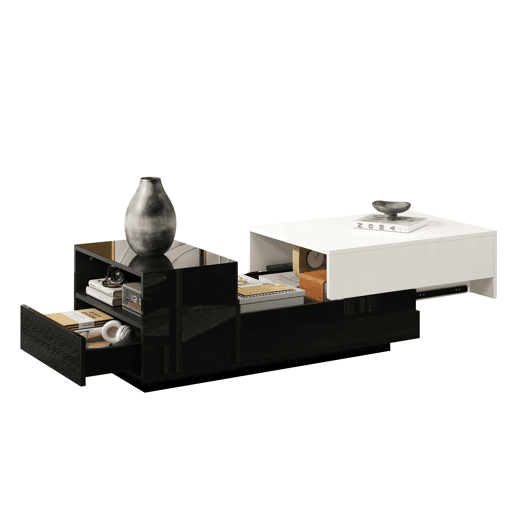 Mesa de centro 100 x 50 x 38 cm - Com 1 gaveta, mesa com placa deslizante, design geométrico, preto e branco Mesa de centro 100 x 50 x 38 cm - Com 1 gaveta, mesa com placa deslizante, design geométrico, preto e branco