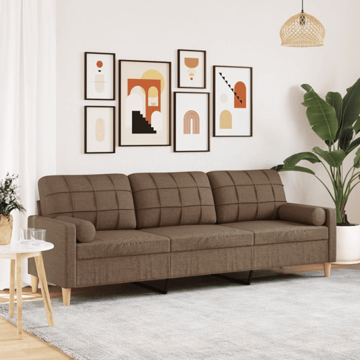 Sofá 3 lugares - Sofá fixo c almofadas decorativas 210 cm tecido castanho Sofá 3 lugares - Sofá fixo c almofadas decorativas 210 cm tecido castanho