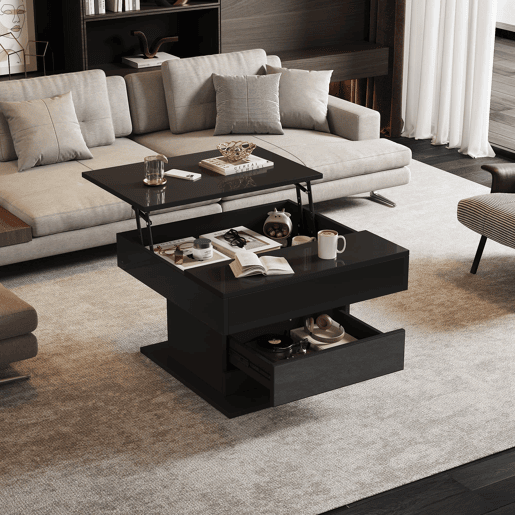 Mesa de centro elevável 70 x 70 x 45 cm - Mesa com superfície giratória 360°, 1 gaveta, alto brilho, preta