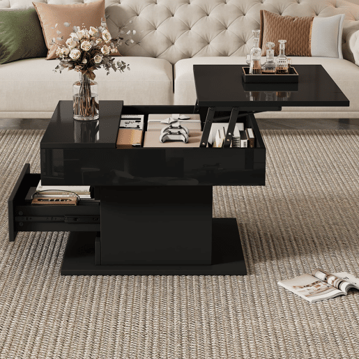 Mesa de centro elevável 70 x 70 x 45 cm - Mesa com superfície giratória 360°, 1 gaveta, alto brilho, preta