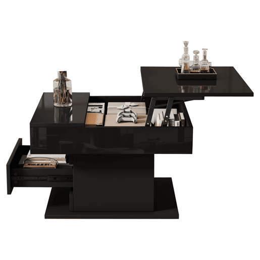 Mesa de centro elevável 70 x 70 x 45 cm - Mesa com superfície giratória 360°, 1 gaveta, alto brilho, preta