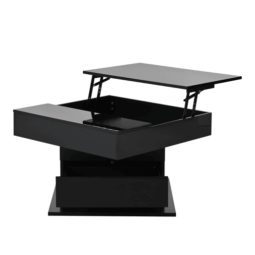 Mesa de centro elevável 70 x 70 x 45 cm - Mesa com superfície giratória 360°, 1 gaveta, alto brilho, preta