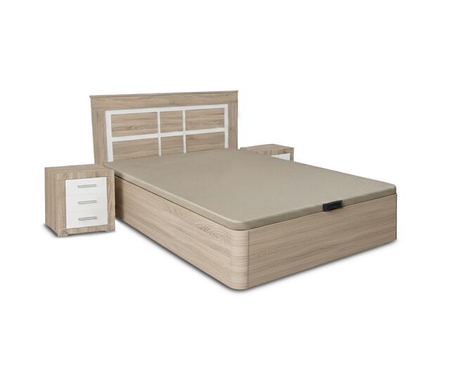 Pack cama canape cambria 135cm + cabecero y 2 mesitas de noche cambria y blanco