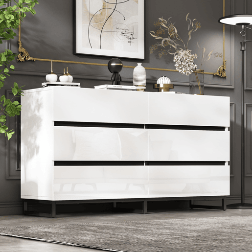 Aparador 140x39,5x78,5 cm - 6 gavetas, 3 pés metálicos, alta capacidade - Branco