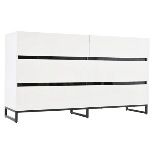 Aparador 140x39,5x78,5 cm - 6 gavetas, 3 pés metálicos, alta capacidade - Branco