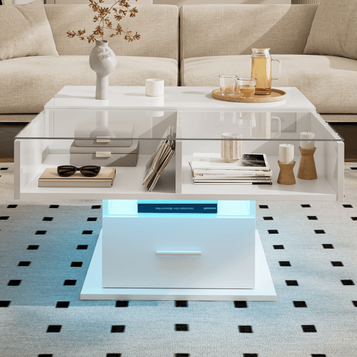Mesa de centro elevável u2013 com iluminação LED, altura ajustável, design moderno u2013 Branco