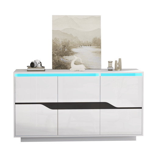 Móvel de sala 140x40x70 cm - Aparador com 3 portas, com LED, branco e preto