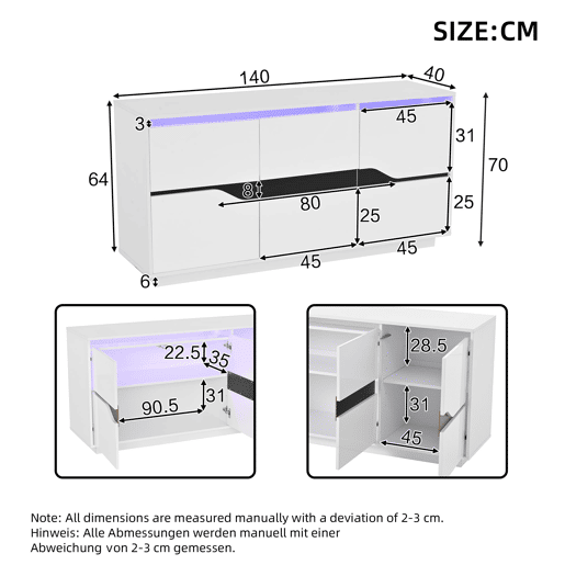 Móvel de sala 140x40x70 cm - Aparador com 3 portas, com LED, branco e preto
