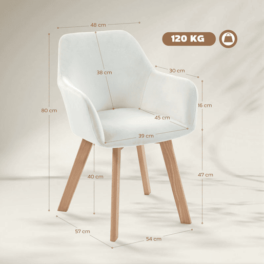 HOMCOM Conjunto de 2 Cadeiras de Jantar Modernas Estofadas em Veludo com Encosto Braços e Pernas de Madeira Suporta 120 kg para Sala Quarto 54x57x80 cm Creme