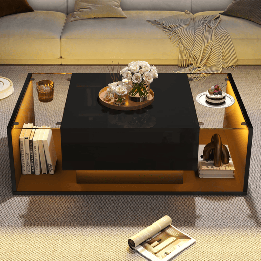 Mesa de centro 100x50x31 cm - com 1 gaveta e luz LED - mesa de vidro temperado - preta