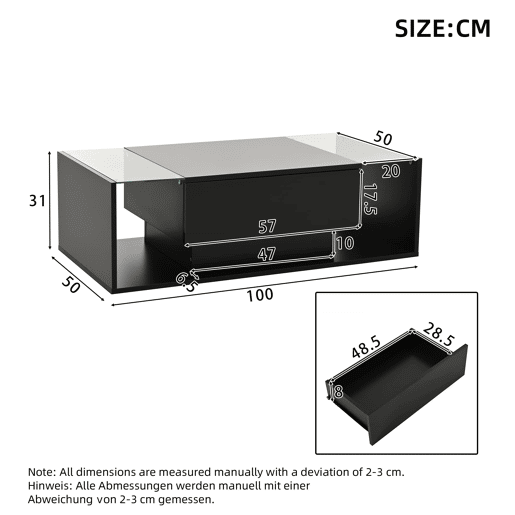 Mesa de centro 100x50x31 cm - com 1 gaveta e luz LED - mesa de vidro temperado - preta