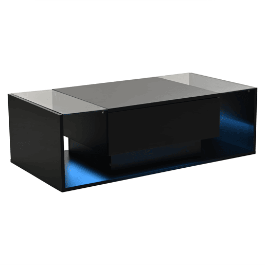 Mesa de centro 100x50x31 cm - com 1 gaveta e luz LED - mesa de vidro temperado - preta