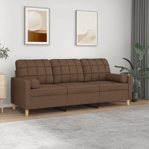 Sofá 3 lugares - Sofá fixo + almofadas decorativas 180 cm tecido castanho