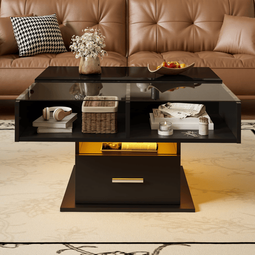 Mesa de centro elevável 78x78x45 cm - com LED, altura ajustável, armazenamento flexível - preta