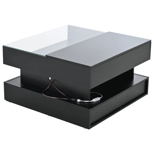 Mesa de centro elevável 80x80x45 cm - Com arrumação oculta, 2 gavetas, LED - Preto