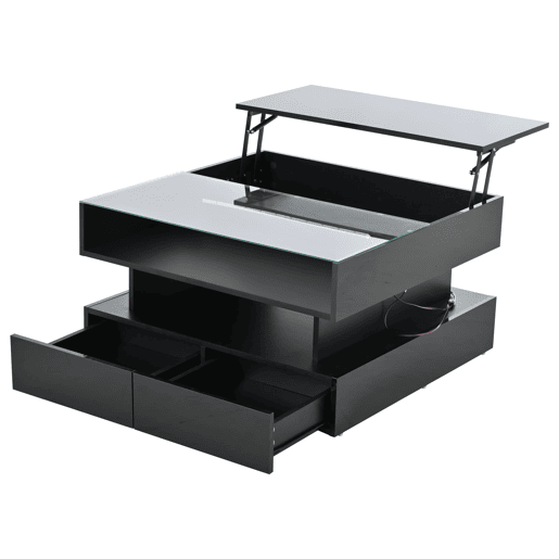 Mesa de centro elevável 80x80x45 cm - Com arrumação oculta, 2 gavetas, LED - Preto