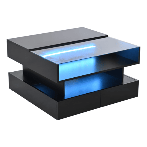 Mesa de centro elevável 80x80x45 cm - Com arrumação oculta, 2 gavetas, LED - Preto