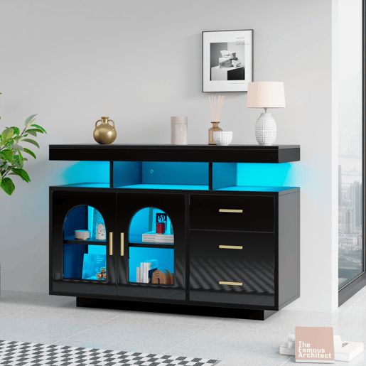 Aparador LED 120 cm - Buffet com 16 luzes coloridas, preto Aparador LED 120 cm - Buffet com 16 luzes coloridas, preto