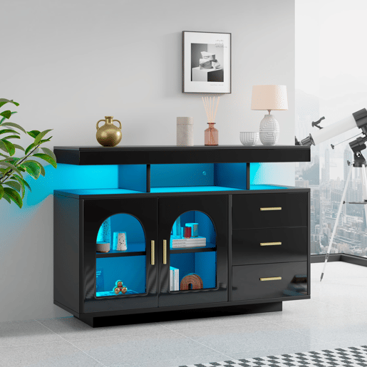 Aparador LED 120 cm - Buffet com 16 luzes coloridas, preto Aparador LED 120 cm - Buffet com 16 luzes coloridas, preto